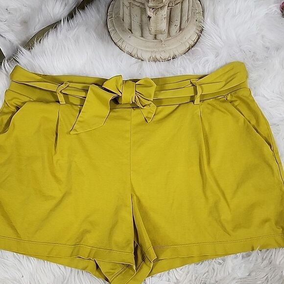 Chartreuse Comfy T~shirt Feel Cotton Shorts with Belt~Sash Size L - Picture 2 of 6